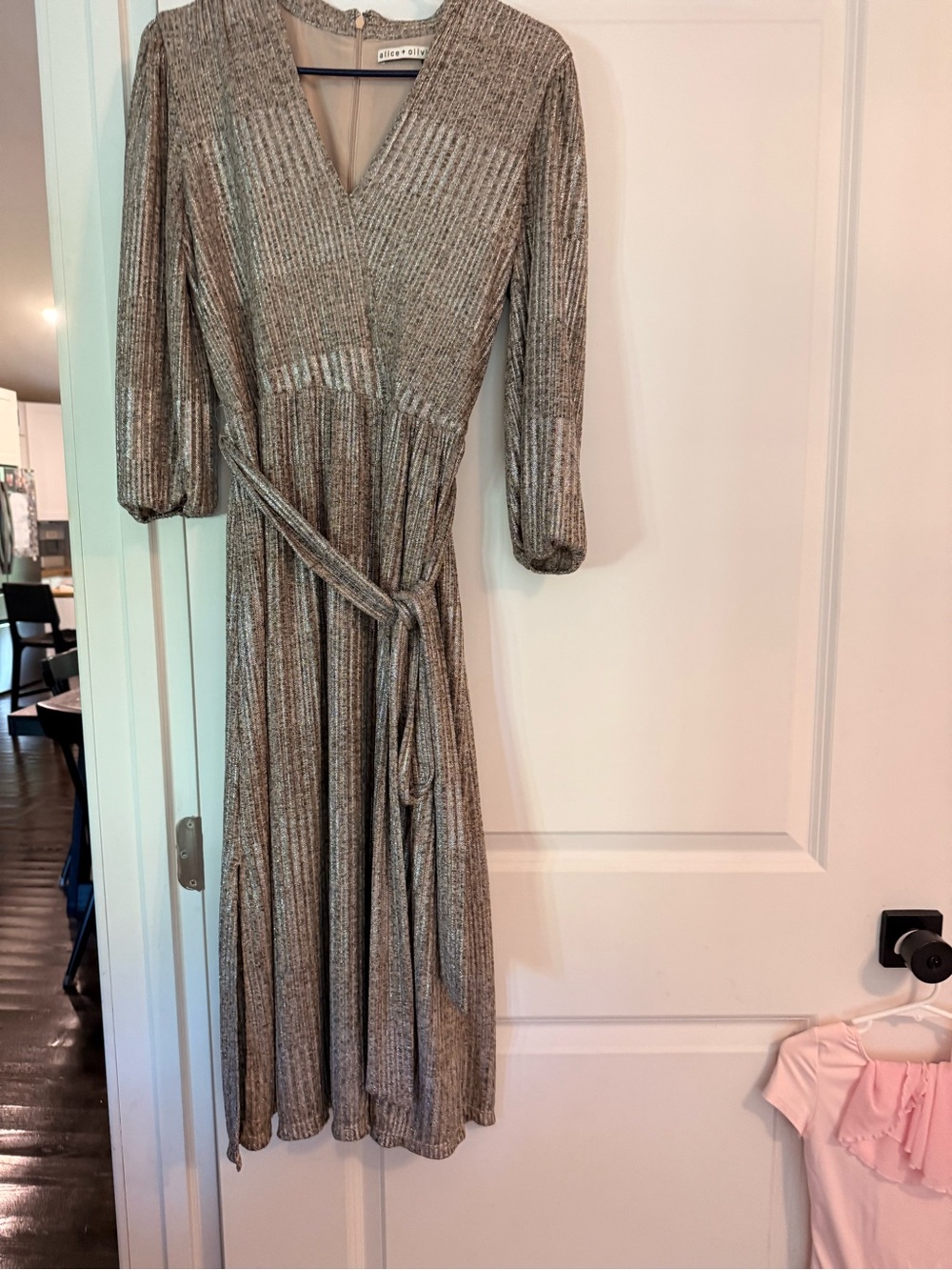 Alice + Olivia Metallic Silver Pleated Wrap Midi Dress